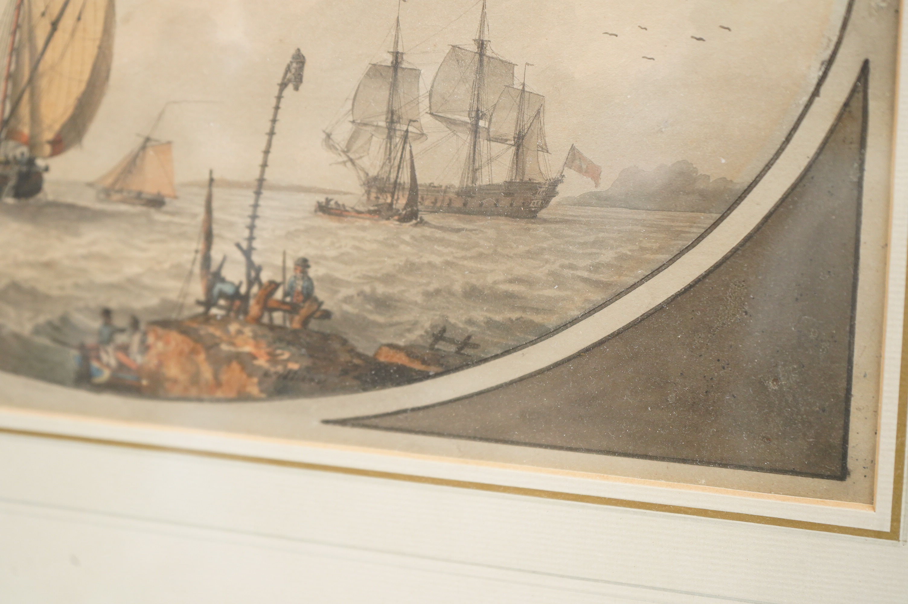 Attributed to Samuel Atkins (fl.1787-1847), Shipping in a choppy sea off a headland, feigned oval, watercolour, 24 x 34cm